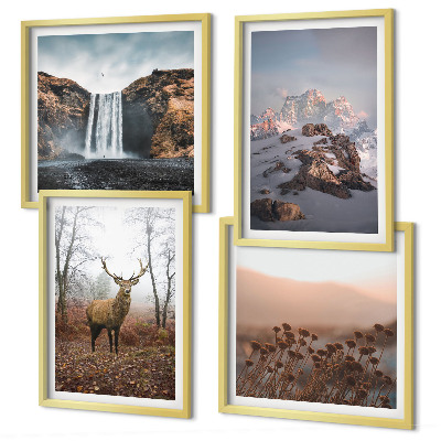 Conjunto de 4 quadros com moldura paisagens selvagens montanhas veados