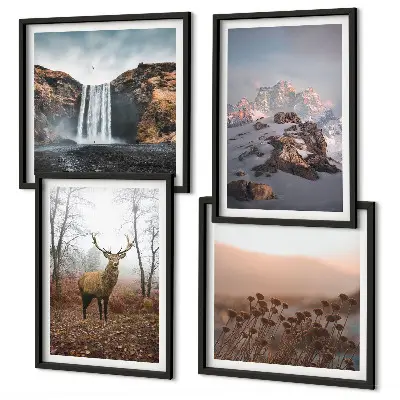 Conjunto de 4 quadros com moldura com paisagens selvagens de montanhas e veados