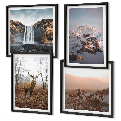 Conjunto de 4 quadros com moldura paisagens selvagens montanhas veados