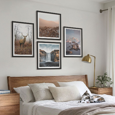 Conjunto de 4 quadros com moldura paisagens selvagens montanhas veados
