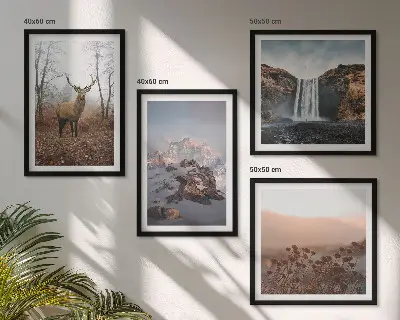 Conjunto de 4 quadros com moldura com paisagens selvagens de montanhas e veados