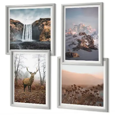 Conjunto de 4 quadros com moldura com paisagens selvagens de montanhas e veados