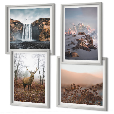 Conjunto de 4 quadros com moldura paisagens selvagens montanhas veados