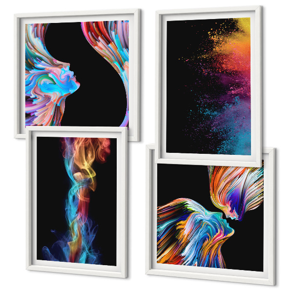 Conjunto de 4 quadros com moldura abstrações coloridas de rostos e formas