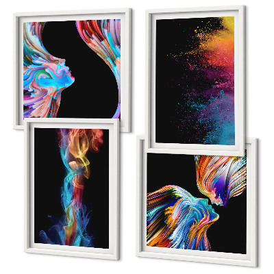 Conjunto de 4 quadros com moldura abstrações coloridas de rostos e formas
