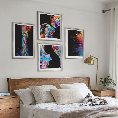 Conjunto de 4 quadros com moldura abstrações coloridas de rostos e formas