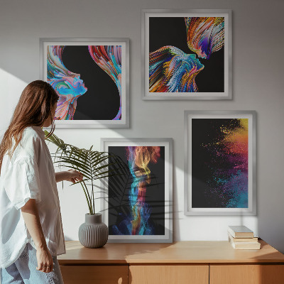Conjunto de 4 quadros com moldura abstrações coloridas de rostos e formas