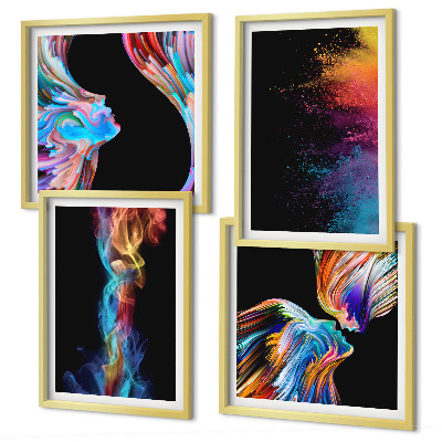 Conjunto de 4 quadros com moldura abstrações coloridas de rostos e formas