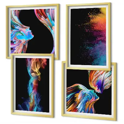 Conjunto de 4 quadros com moldura com estampas de abstrações coloridas de rostos e formas