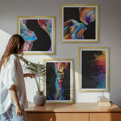Conjunto de 4 quadros com moldura abstrações coloridas de rostos e formas