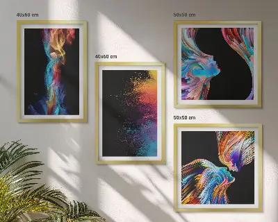 Conjunto de 4 quadros com moldura com estampas de abstrações coloridas de rostos e formas
