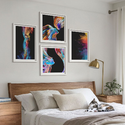 Conjunto de 4 quadros com moldura abstrações coloridas de rostos e formas