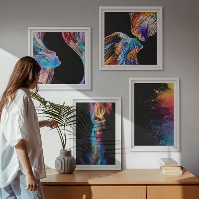 Conjunto de 4 quadros com moldura abstrações coloridas de rostos e formas