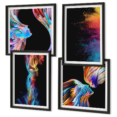 Conjunto de 4 quadros com moldura abstrações coloridas de rostos e formas