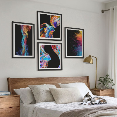 Conjunto de 4 quadros com moldura abstrações coloridas de rostos e formas