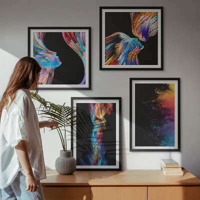 Conjunto de 4 quadros com moldura abstrações coloridas de rostos e formas