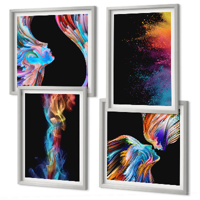 Conjunto de 4 quadros com moldura abstrações coloridas de rostos e formas