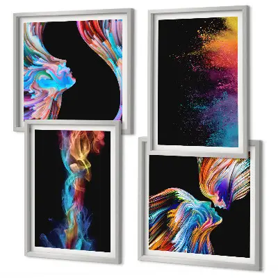 Conjunto de 4 quadros com moldura com estampas de abstrações coloridas de rostos e formas