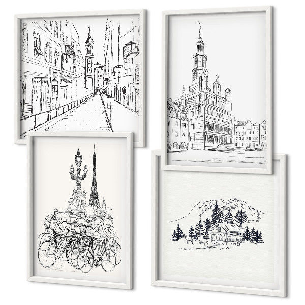 Conjunto de 4 quadros com moldura Desenhos simples de vistas da cidade