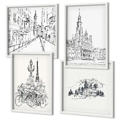 Conjunto de 4 quadros com moldura com desenhos simples de vistas da cidade