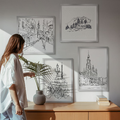 Conjunto de 4 quadros com moldura Desenhos simples de vistas da cidade