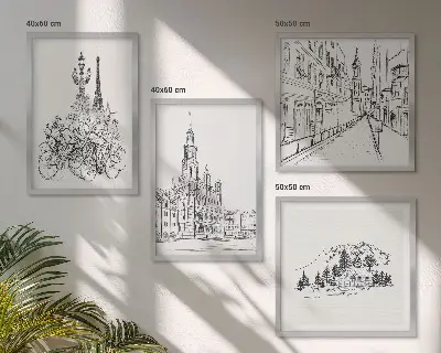 Conjunto de 4 quadros com moldura com desenhos simples de vistas da cidade