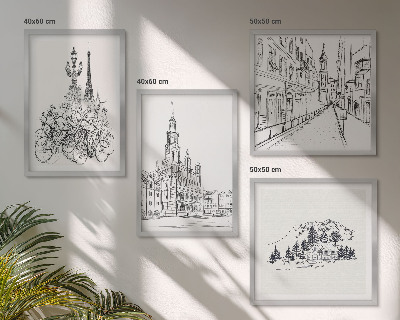 Conjunto de 4 quadros com moldura Desenhos simples de vistas da cidade