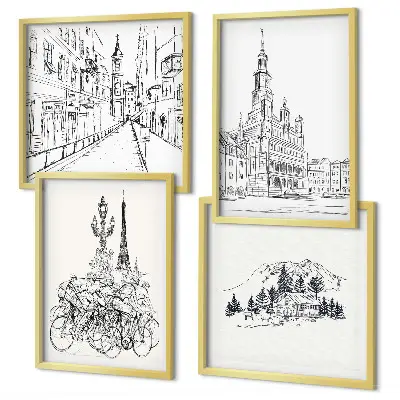 Conjunto de 4 quadros com moldura com desenhos simples de vistas da cidade