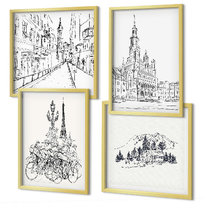 Conjunto de 4 quadros com moldura Desenhos simples de vistas da cidade