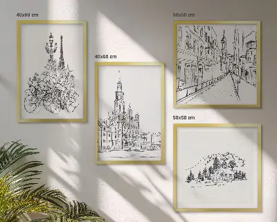 Conjunto de 4 quadros com moldura com desenhos simples de vistas da cidade