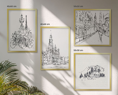 Conjunto de 4 quadros com moldura Desenhos simples de vistas da cidade