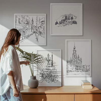 Conjunto de 4 quadros com moldura Desenhos simples de vistas da cidade