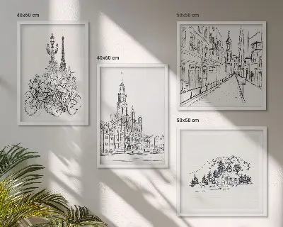 Conjunto de 4 quadros com moldura com desenhos simples de vistas da cidade
