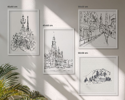Conjunto de 4 quadros com moldura Desenhos simples de vistas da cidade
