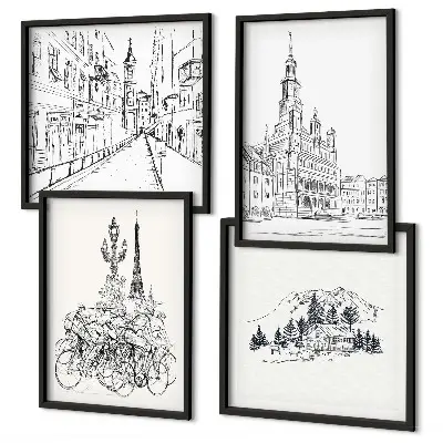 Conjunto de 4 quadros com moldura com desenhos simples de vistas da cidade