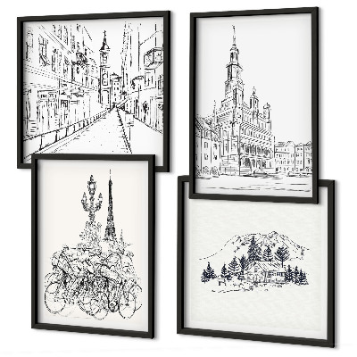 Conjunto de 4 quadros com moldura Desenhos simples de vistas da cidade