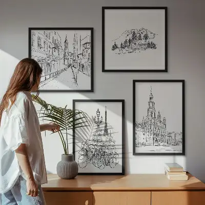 Conjunto de 4 quadros com moldura com desenhos simples de vistas da cidade