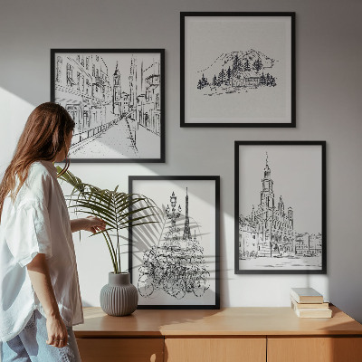 Conjunto de 4 quadros com moldura Desenhos simples de vistas da cidade