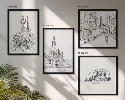 Conjunto de 4 quadros com moldura com desenhos simples de vistas da cidade