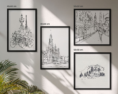 Conjunto de 4 quadros com moldura Desenhos simples de vistas da cidade
