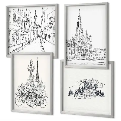 Conjunto de 4 quadros com moldura com desenhos simples de vistas da cidade