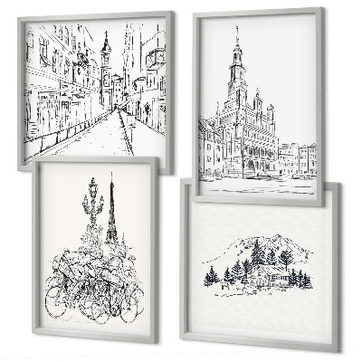 Conjunto de 4 quadros com moldura Desenhos simples de vistas da cidade