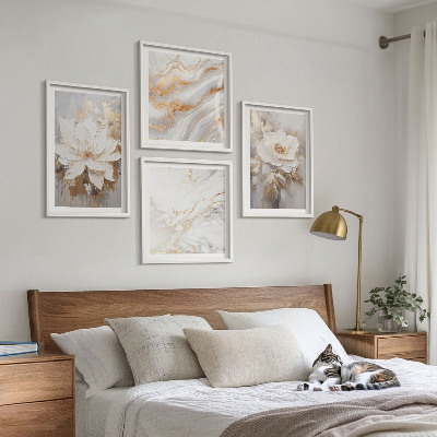 Composição de quadros Flores em fundo claro com padrões de mármore