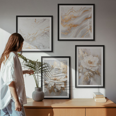 Composição de quadros Flores em fundo claro com padrões de mármore