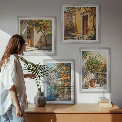 Composição de quadros com paisagens cítricas pintadas