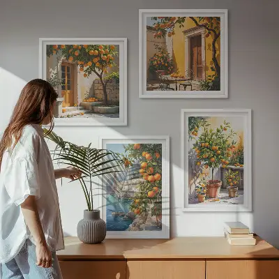 Composição de quadros com paisagens cítricas pintadas
