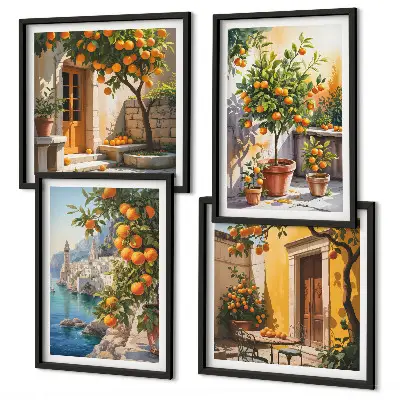 Composição de quadros com paisagens cítricas pintadas