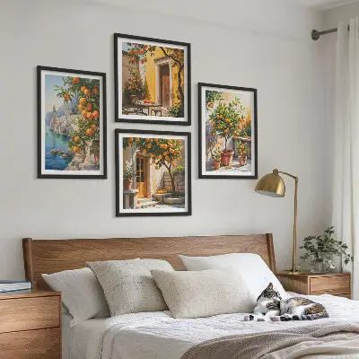 Composição de quadros com paisagens cítricas pintadas