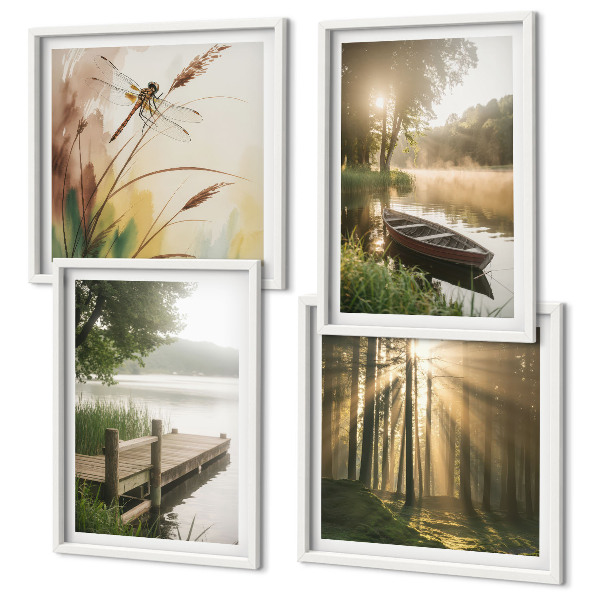 Conjunto de 4 quadros com moldura Lago, floresta, barco, neblina matinal