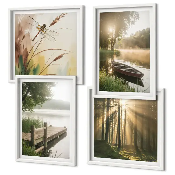 Conjunto de 4 quadros com moldura paisagem de lago com floresta, barco e neblina matinal